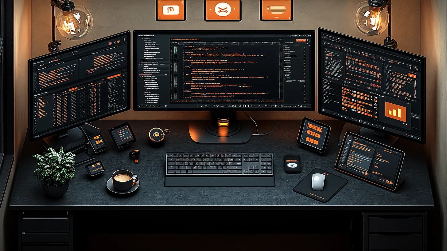 Samniti developer workspace with multiple monitors